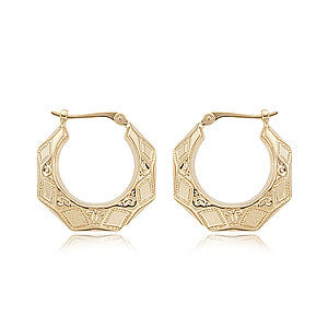 14K Yellow Gold Fancy Diamond Cut Shell Hoop Earrings