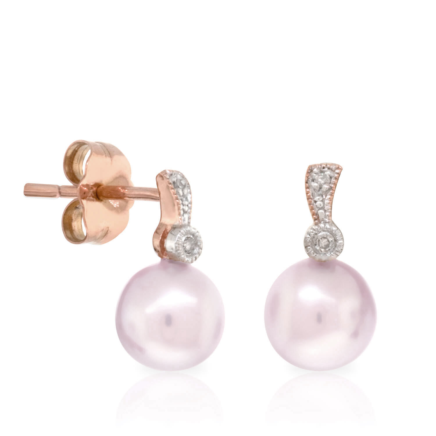 Rose Gold Pink Freshwater Cultured Pearl & Diamond Earrings 14K