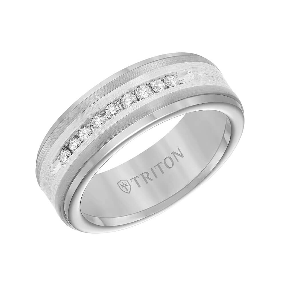 TRITON Stone Contemporary Comfort Fit Satin Finish Diamond Band in Tungsten & Silver, 8 mm