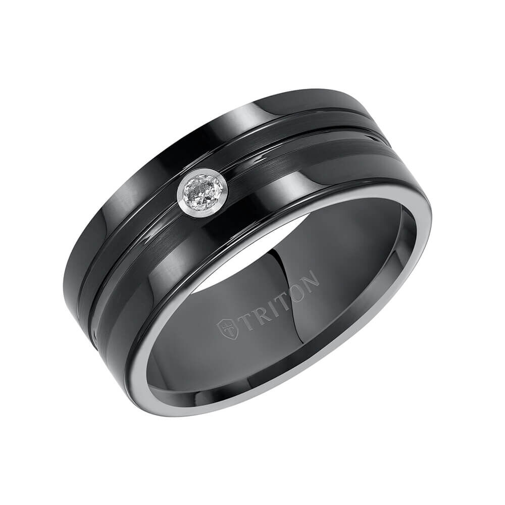 TRITON Stone Contemporary Comfort Fit Center Groove Diamond Band in Black Tungsten, 8 mm