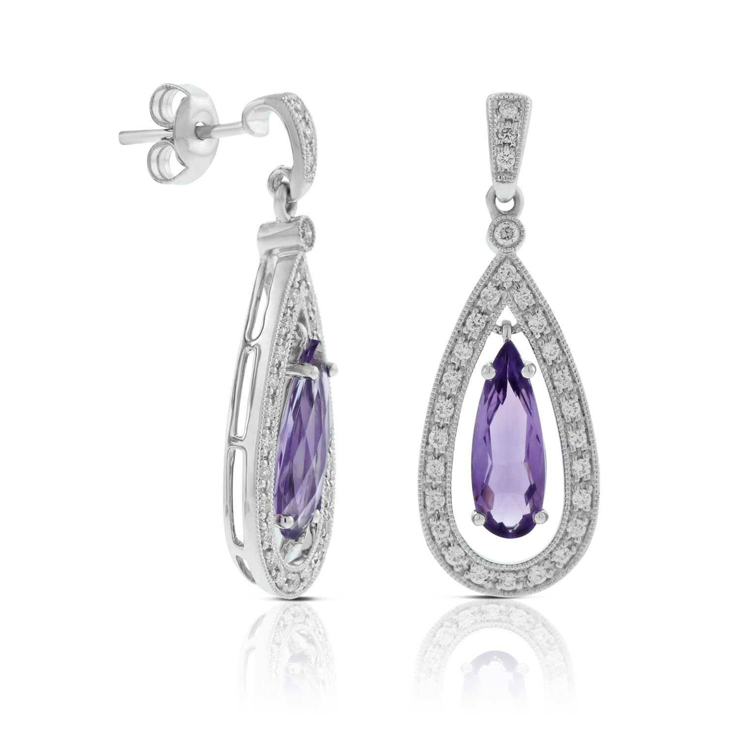 Pear Shaped Amethyst & Diamond Earrings 14K
