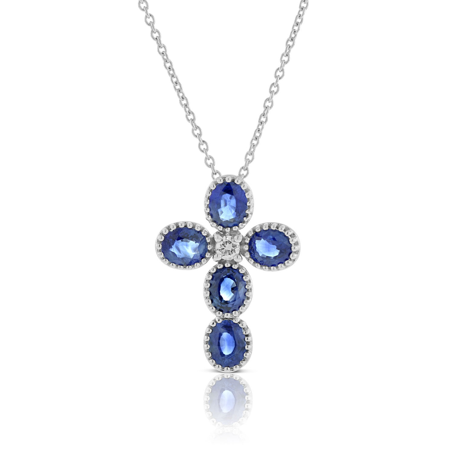 Beaded Sapphire & Diamond Cross Necklace 14K