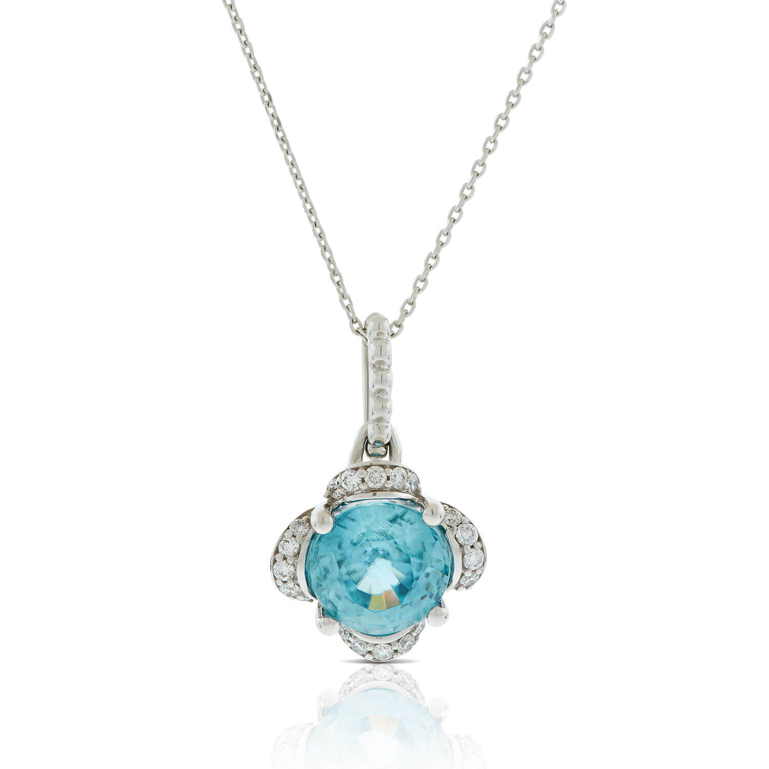 Blue Zircon & Diamond Flower Necklace14K