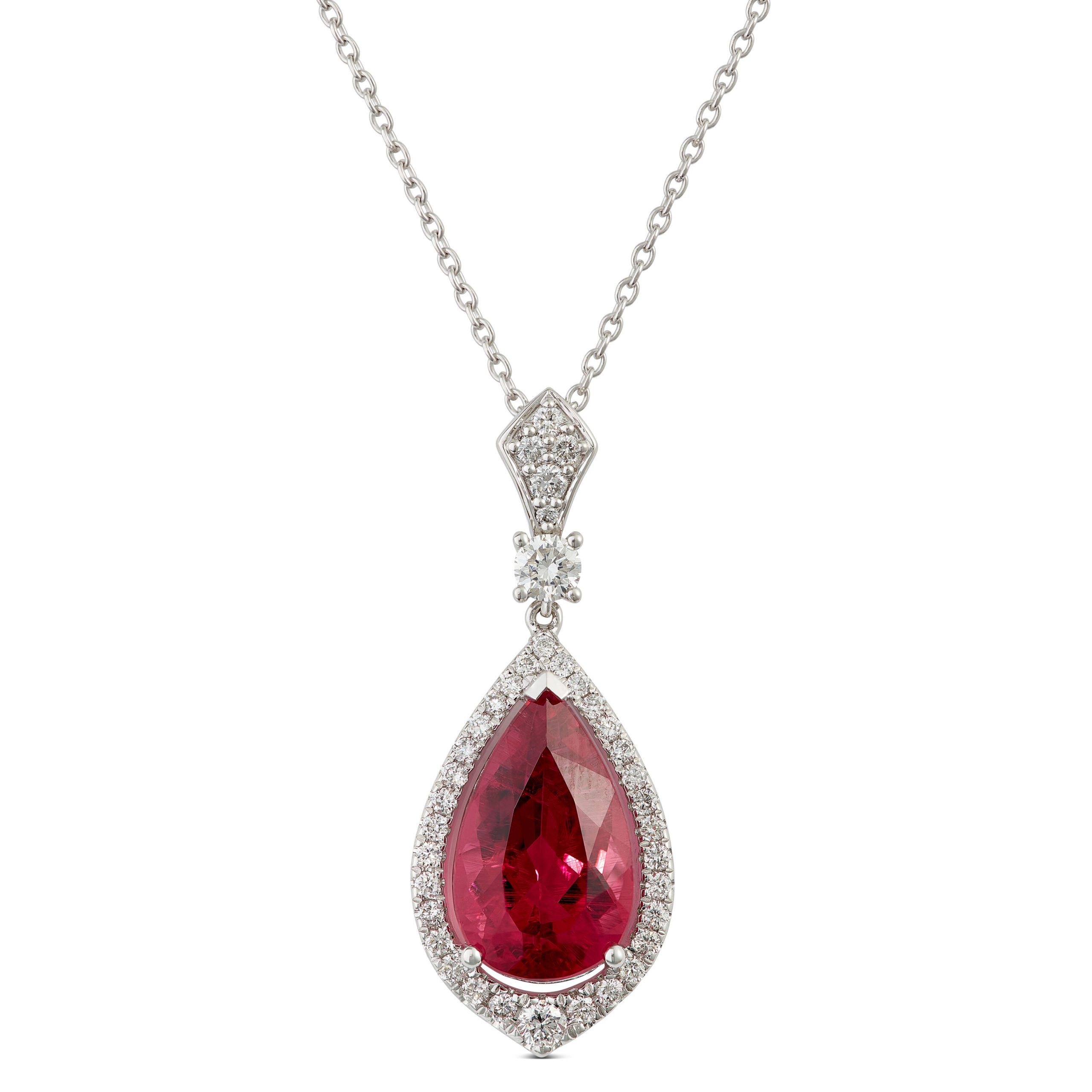 Pear Rubelite & Diamond Halo Necklace 14K