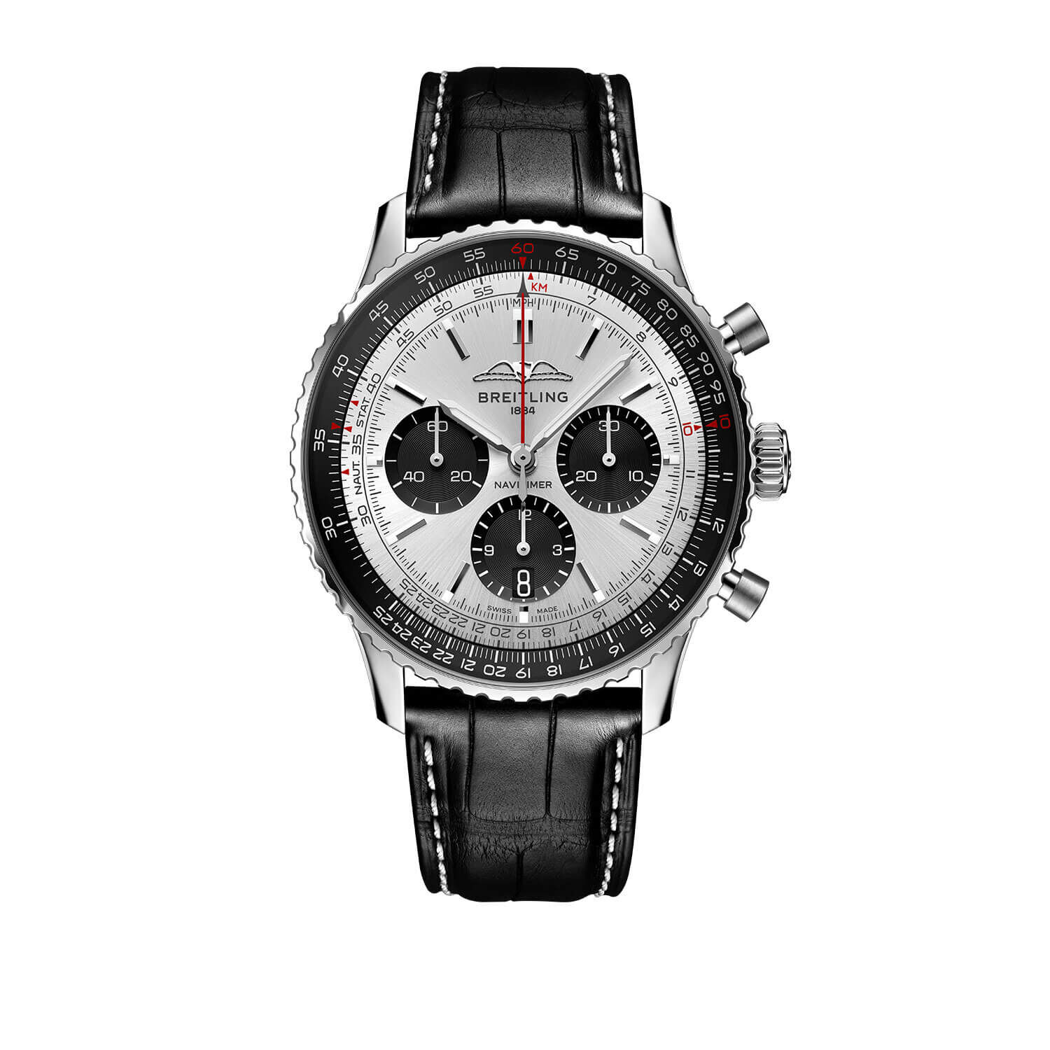 Breitling Navitimer B01 Chronograph Watch Steel Case Silver Dial, Black Leather Strap, 43mm