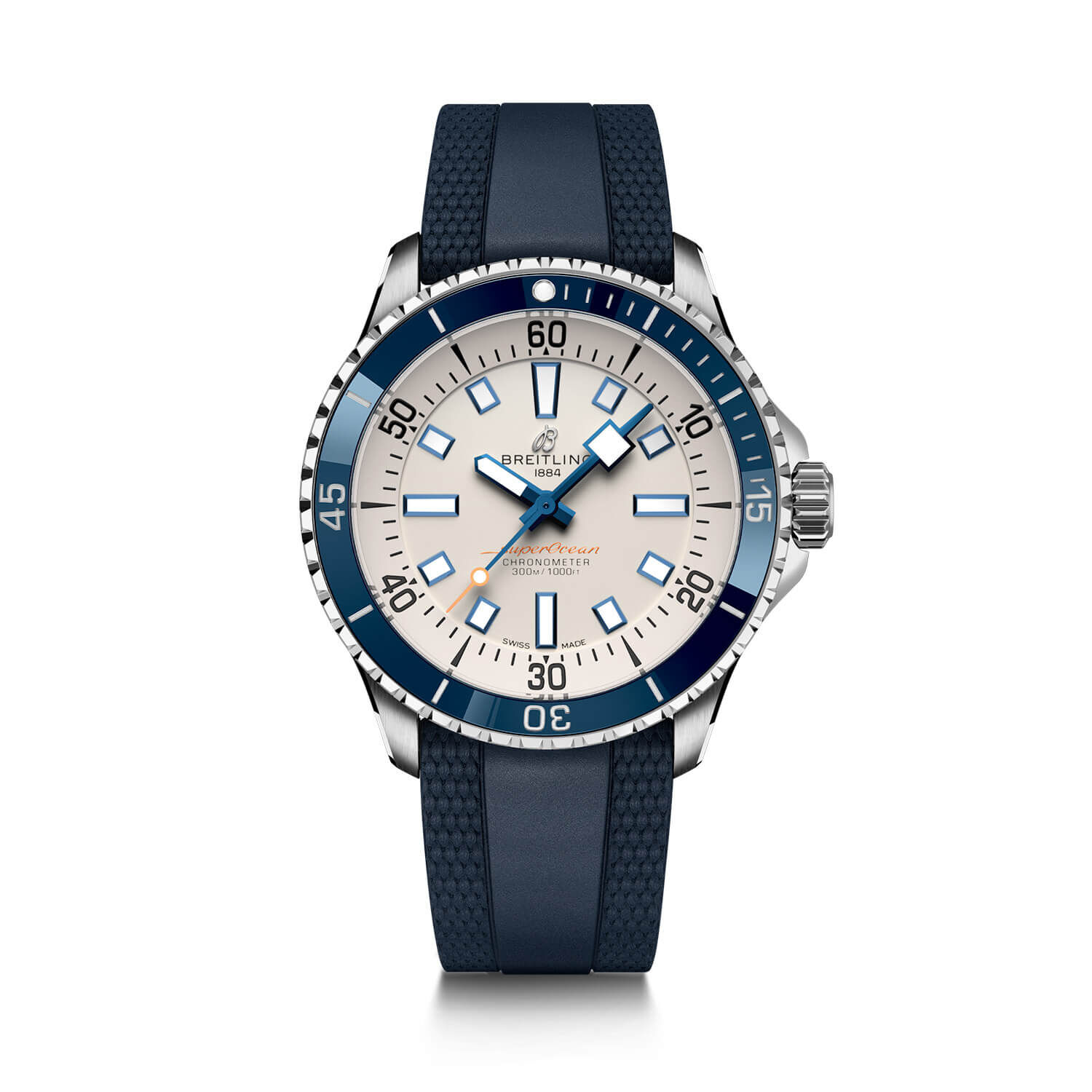 Breitling Superocean Automatic 42 Watch Steel Case Silver Dial Blue Strap, 42mm