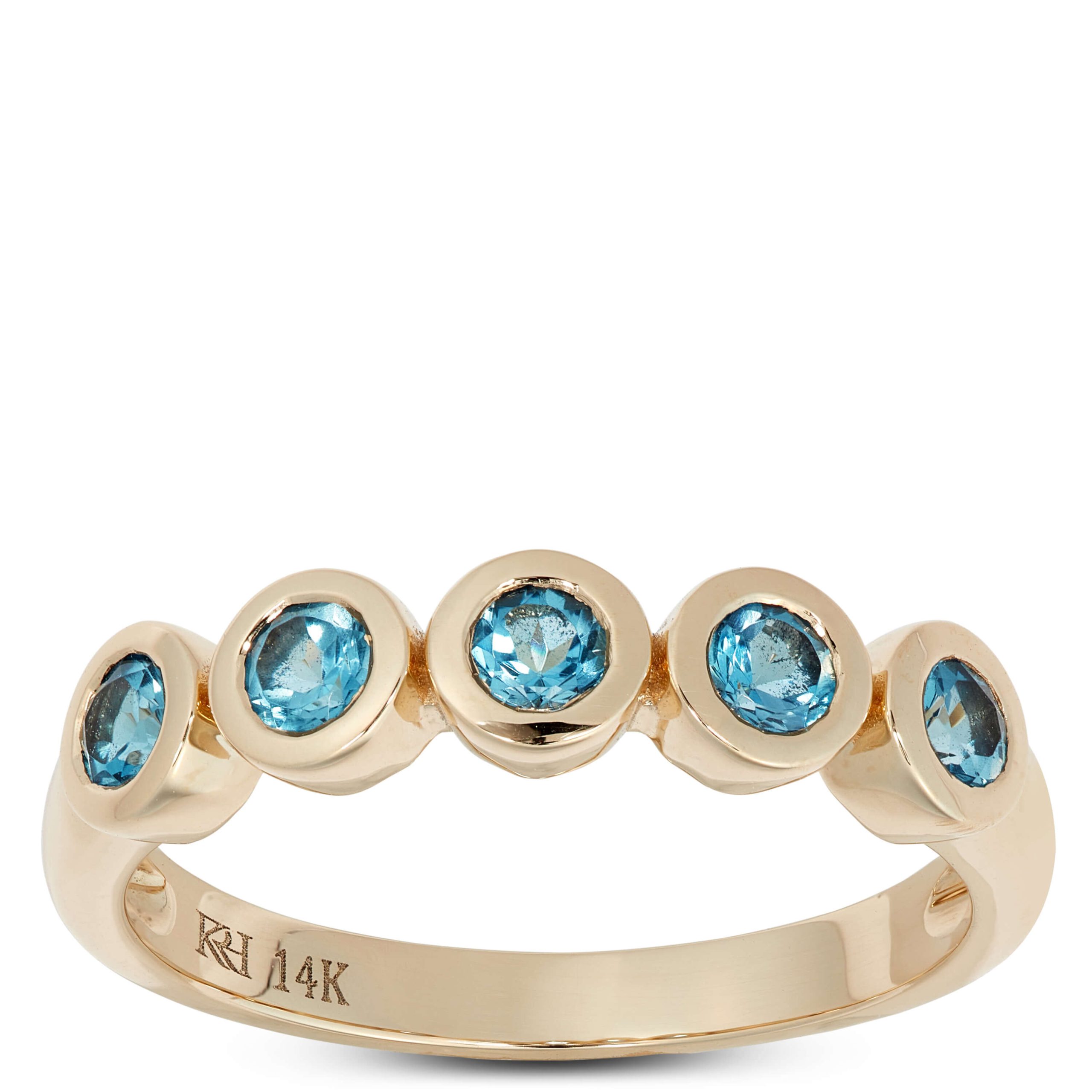 5 Round Cut Blue Topaz Ring, 14K Yellow Gold