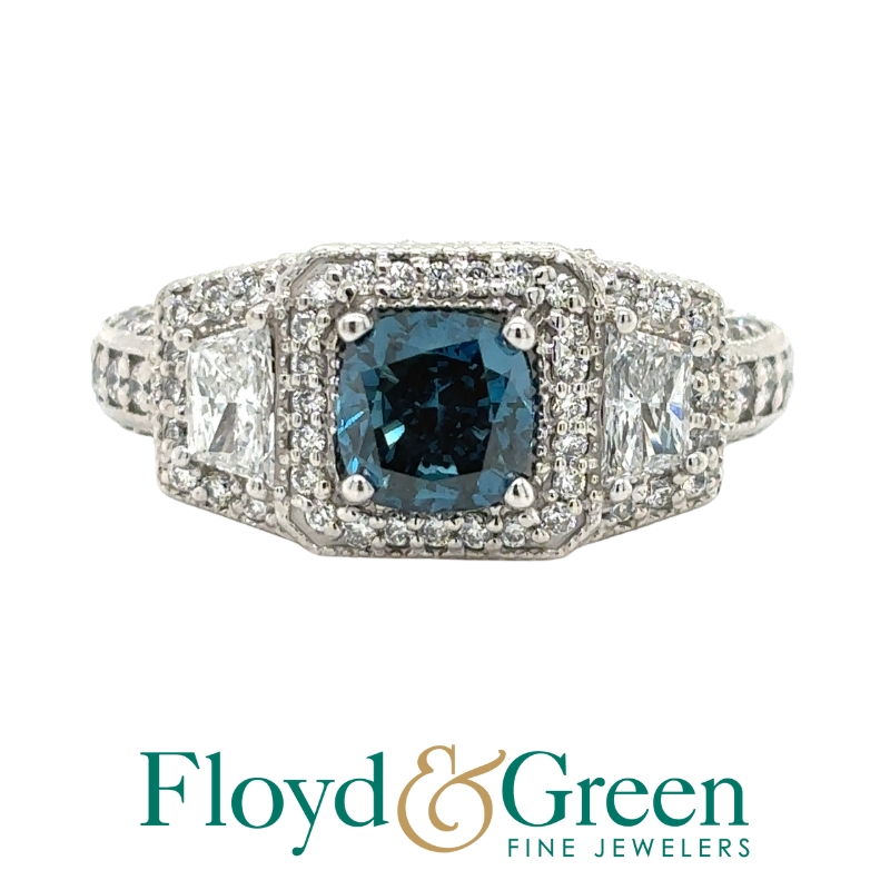 Blue & White Diamond 3 Stone Ring