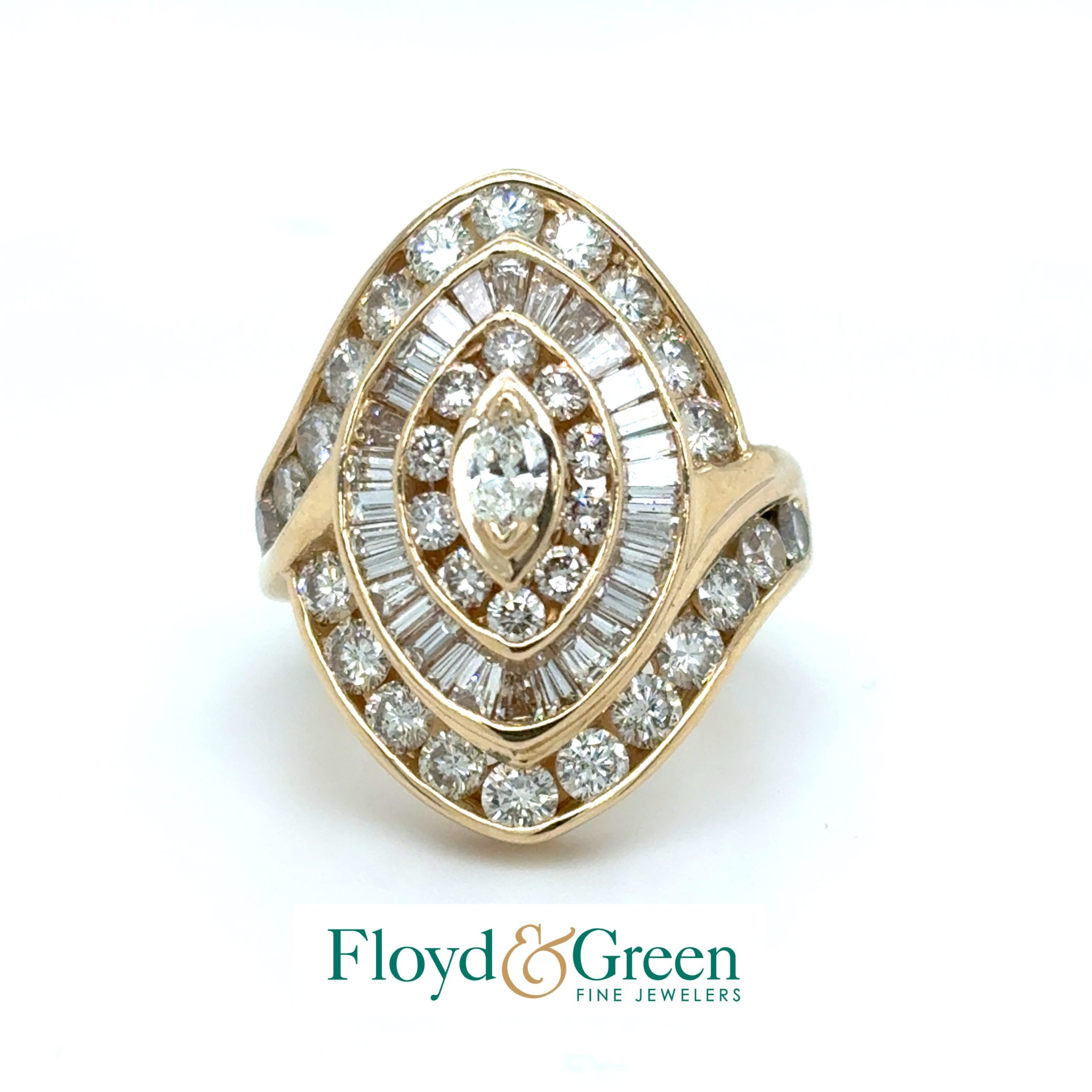 14KY Diamond Ring, Size 7, 1 Marq, 0.17ct, G-H VS2, 30 Bag, 0.82ct, G-H VS2-SI1, 10 Rd, 0.4ct, G-H VS2-SI1, 24 Rd, 2.4ct, G-H SI1-SI2