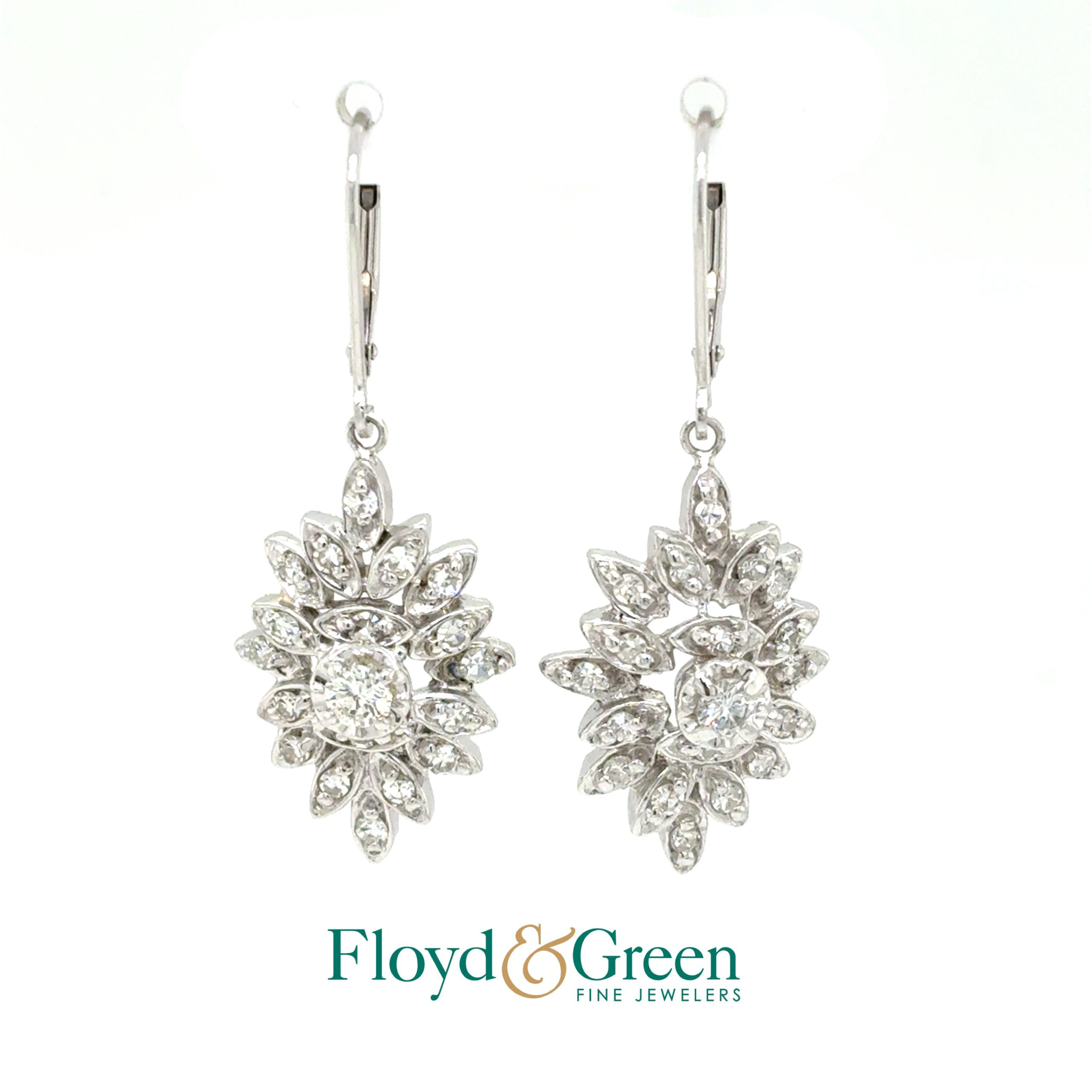 14KW Diamond Dangle Earrings, 2 Round, 0.14ct, G VS2, 36 Round, 0.72ct, G VS1-VS2