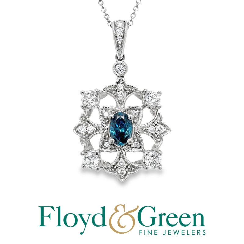 Ornate Blue & White Diamond Pendant Necklace