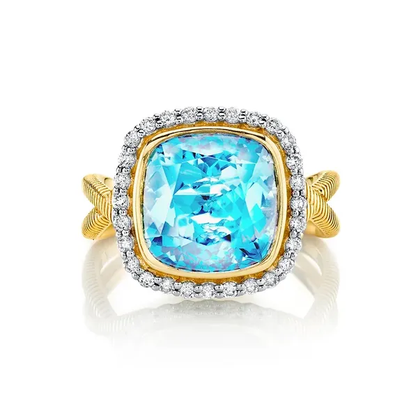 Sloane Street Sky Blue Topaz Ring with White Diamond Halo 18k yellow gold