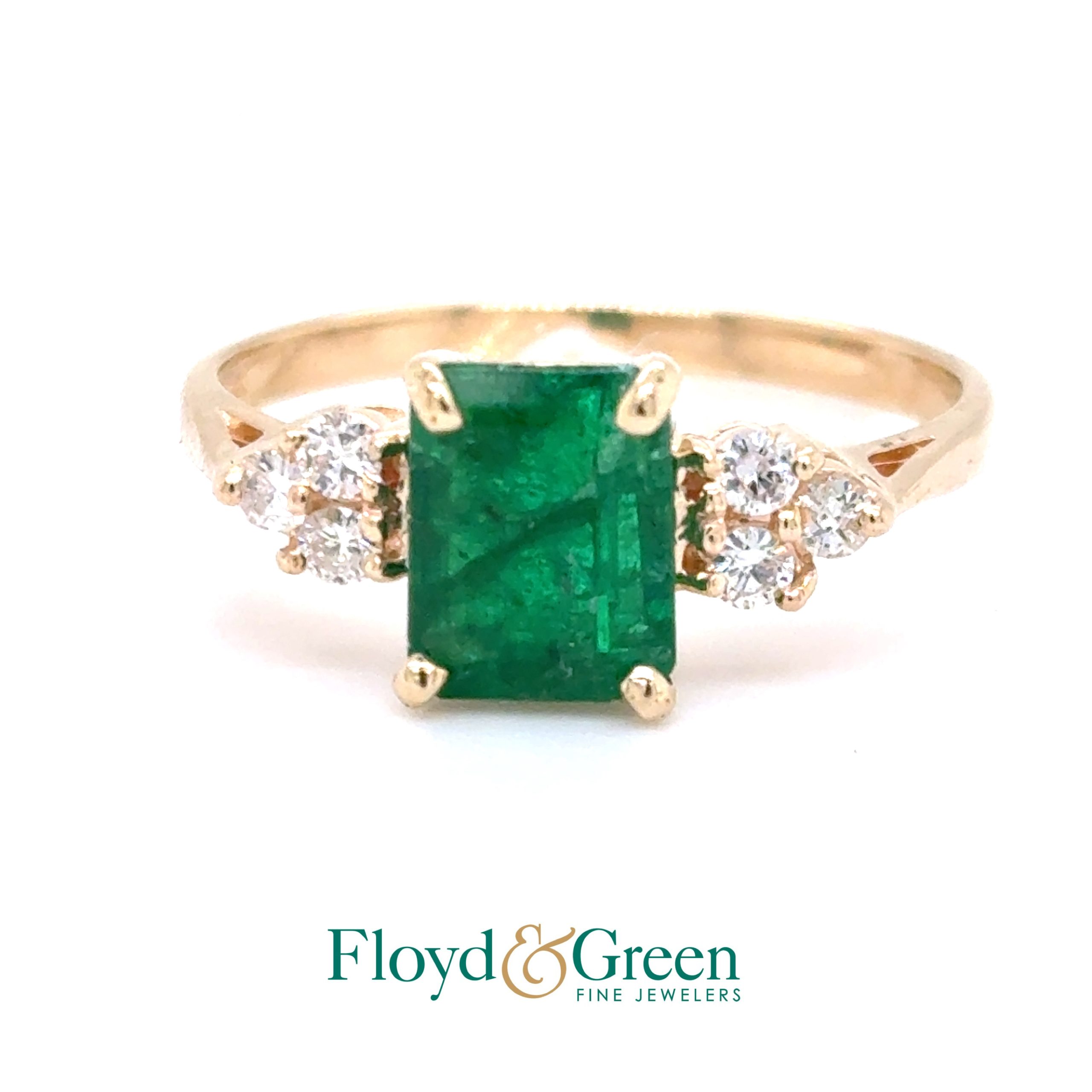 14KY Emerald & Diamond Ring, Size 6, Ermerald-cut Emerald, 0.84ct, 6 Round Diamonds, 0.18ct, H VS2-SI1