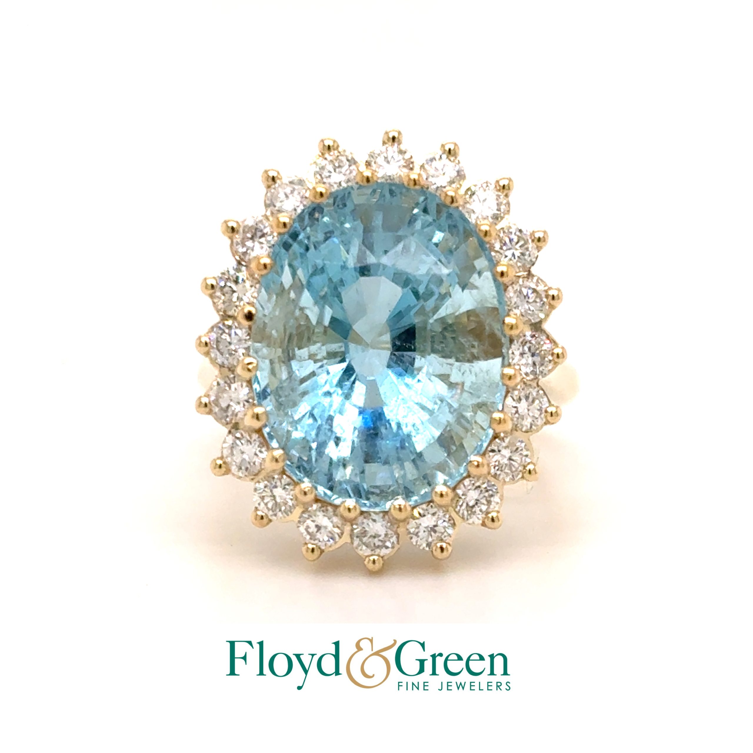 14KY Aquamarine & Diamond Ring, Oval Aqua, 12.41ct, 20 Rd Dia, 0.90ct, G-H SI1-SI2, Size 6.75