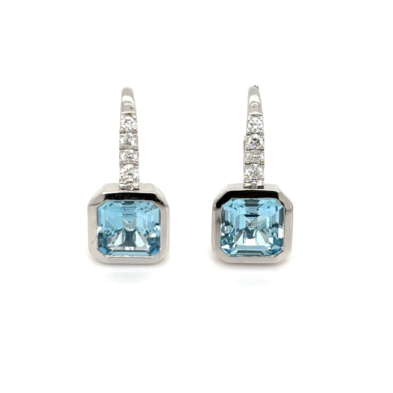 Bezel Set Blue Topaz & Diamond Drop Earrings