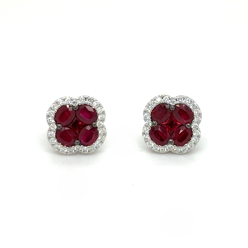 Ruby & Diamond Halo Clover Stud Earrings