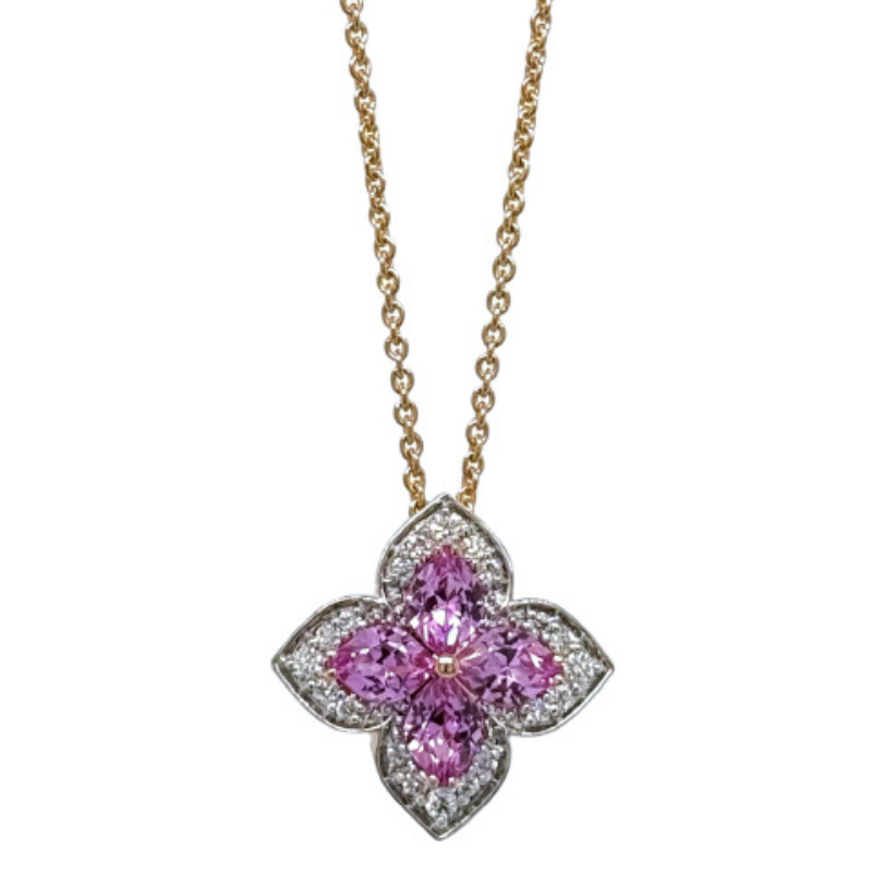 Pink Sapphire & Diamond Flower Pendant Necklace