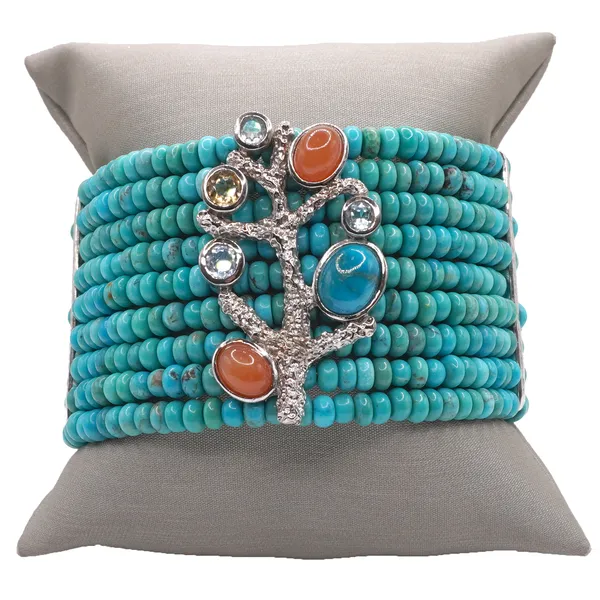 Turquoise Beaded Cuff with Citrine, Moonstone, Blue Topaz Accents- Sterling Silver