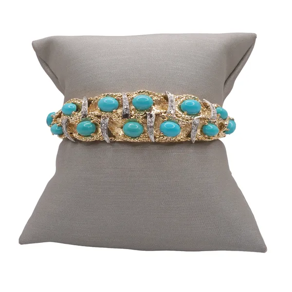 Turquiose and Diamond Hinged Bangle- 18k Yellow Gold