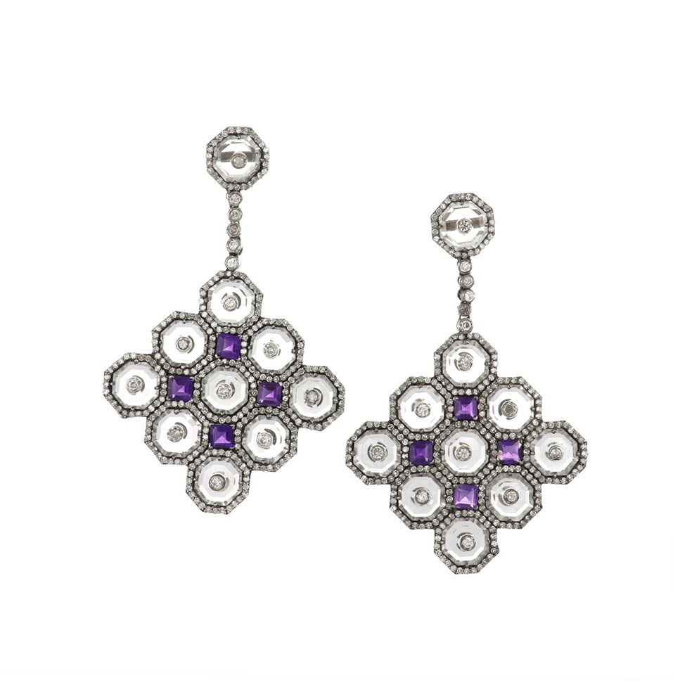 Estate 14K Gold and Sterling SIlver Diamond Drop Earrings with Amethysts