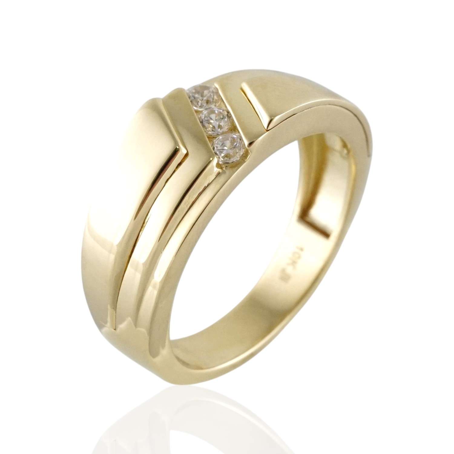 10k Yellow Gold Wave 3 Stones Ring for Men