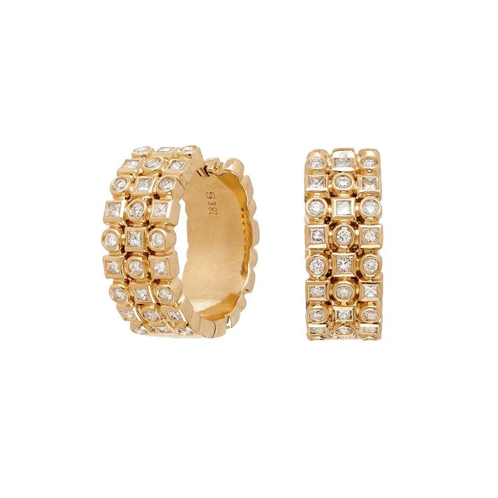 THE KATE 18K YELLOW GOLD THREE ROW WHITE DIAMOND HUGGIES