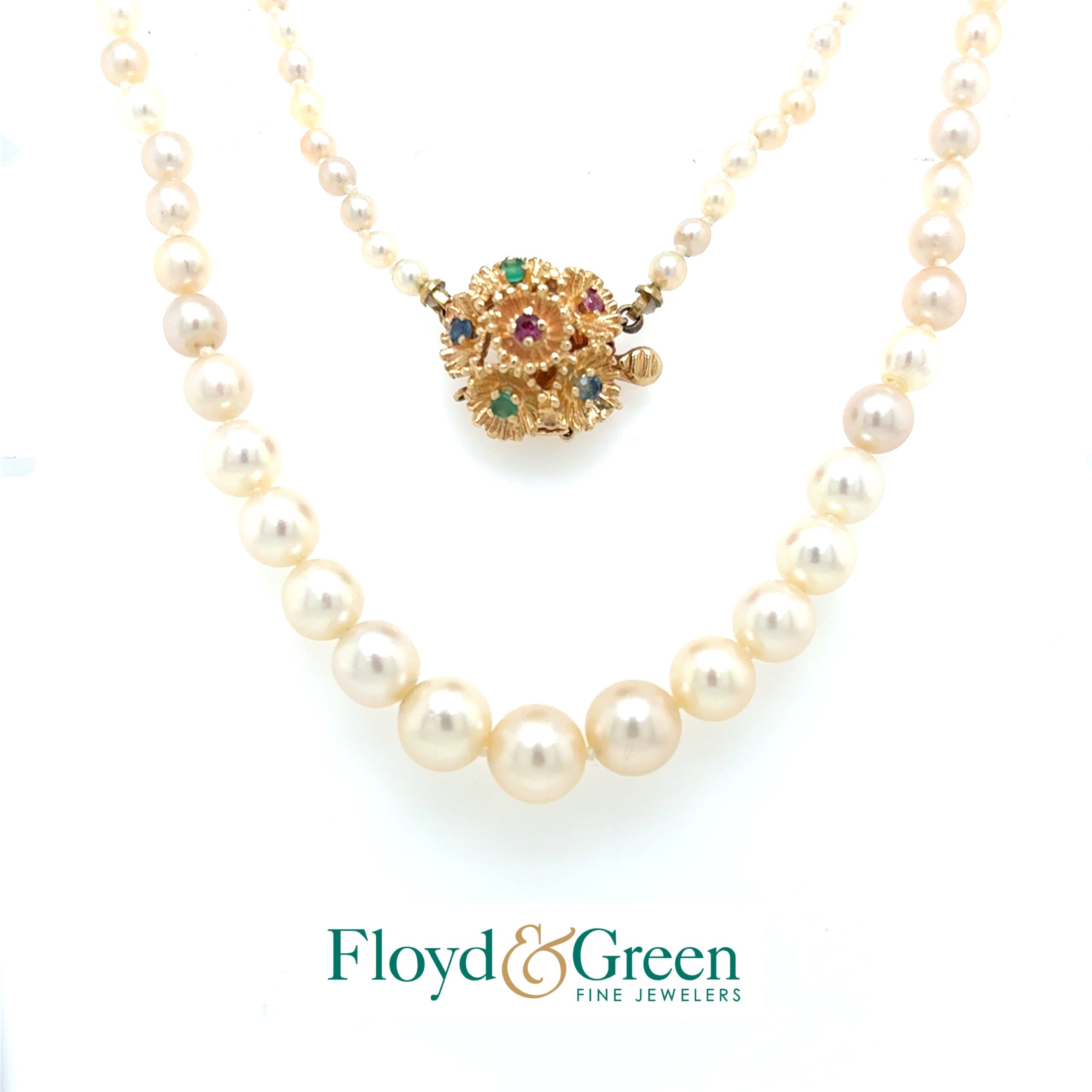 18 14KY Single Strand Cultured Pearl Necklace w/ 2 R Ruby .11ctw, 2 R Saph .11ctw & 2 R Em .07ctw ** RETAIL CORRECT