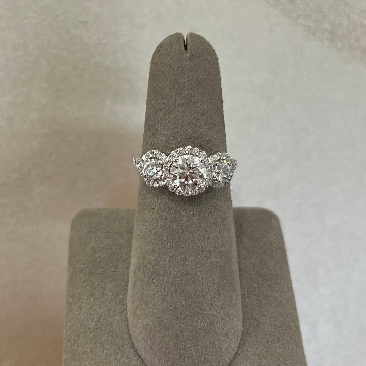 14K White Gold 2.10ctw Round Brilliant Halo Three-Stone Complete Engagement Ring - 470018
