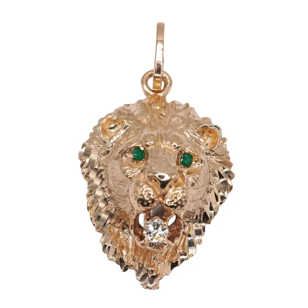 .20ct Diamond and Emerald Lion Pendant- 14k Yellow Gold
