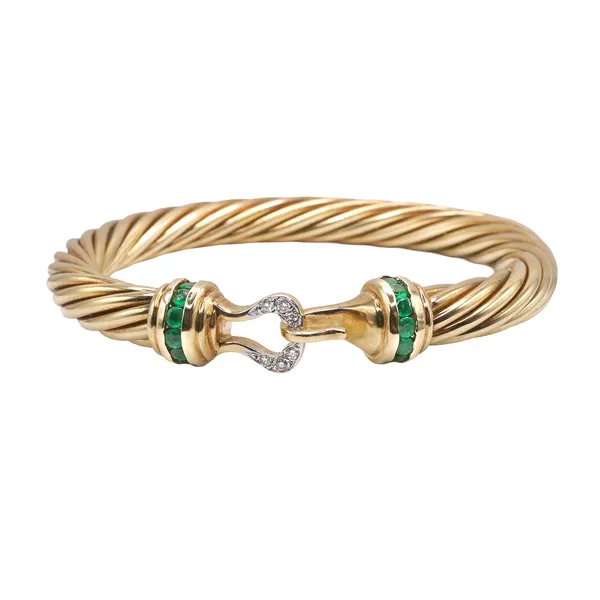 David Yurman 14k Yellow Gold Cable Cuff with Diamond and Emerald Accents