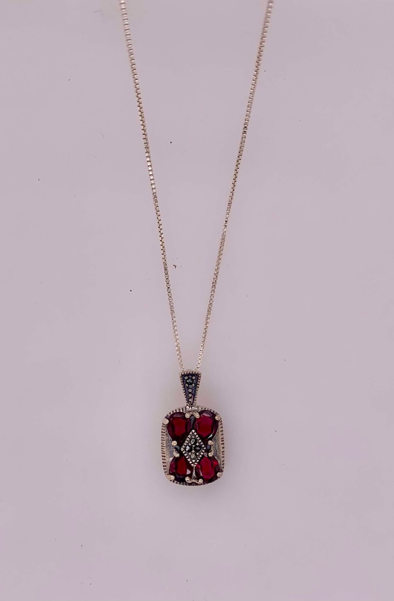 Sterling Silver Garnet and Marcasite Pendant