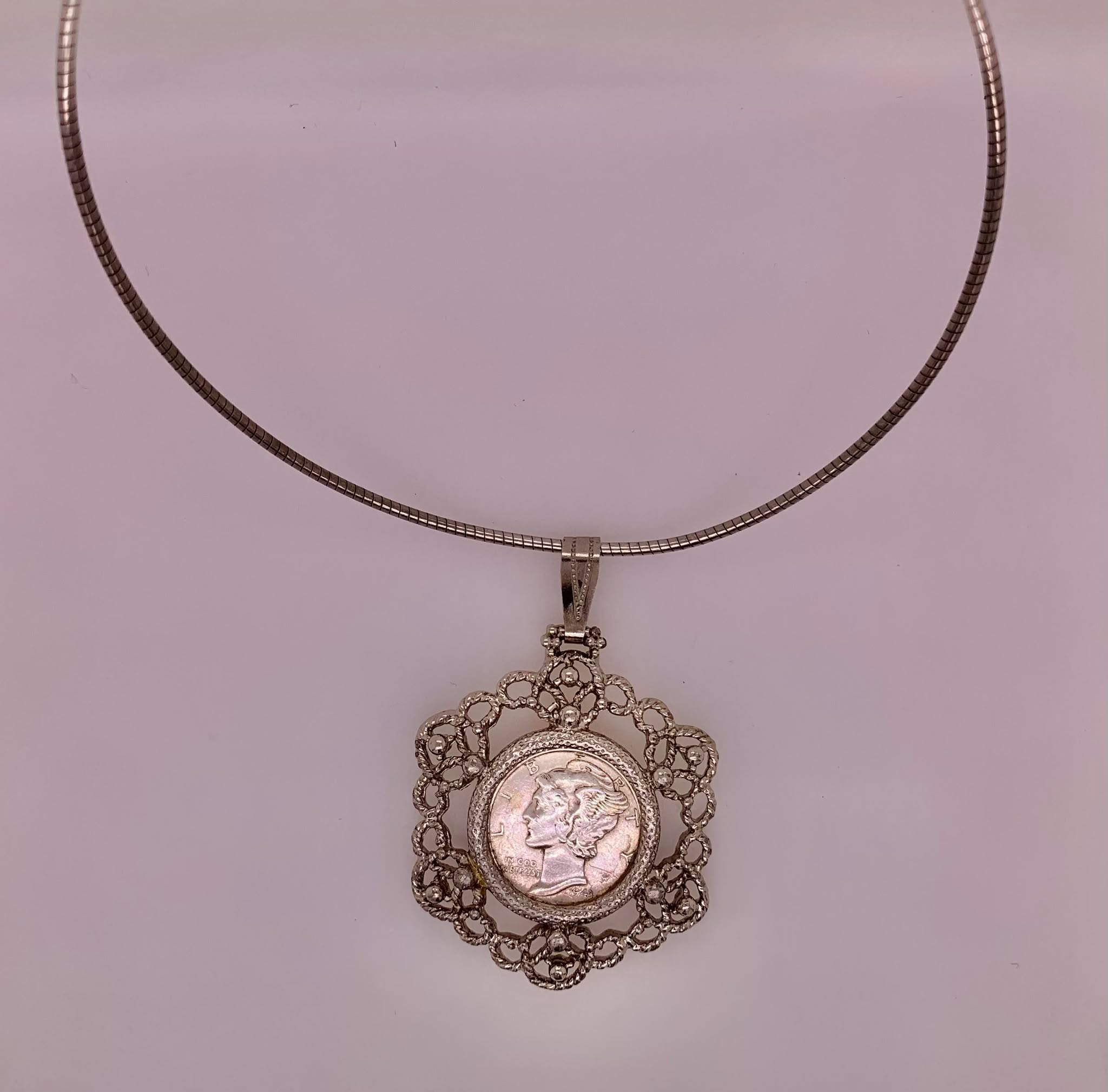 Estate Silver Tone Necklace with Coin Pendant