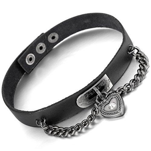 Women,Men's Alloy Genuine Leather Necklace Choker Collar Black Heart Lock Adjustable
