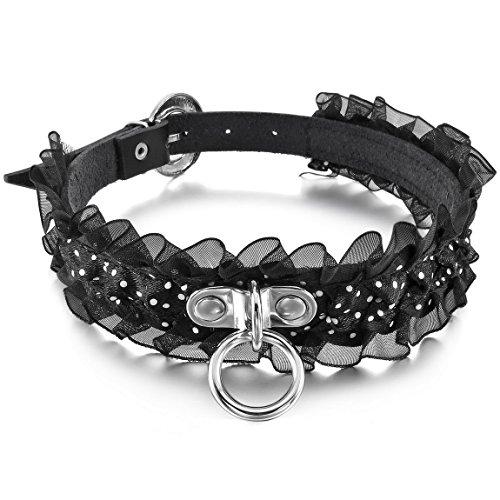 Women's Alloy Leather Fabric Necklace Choker Collar Black Silver Tone Adjustable