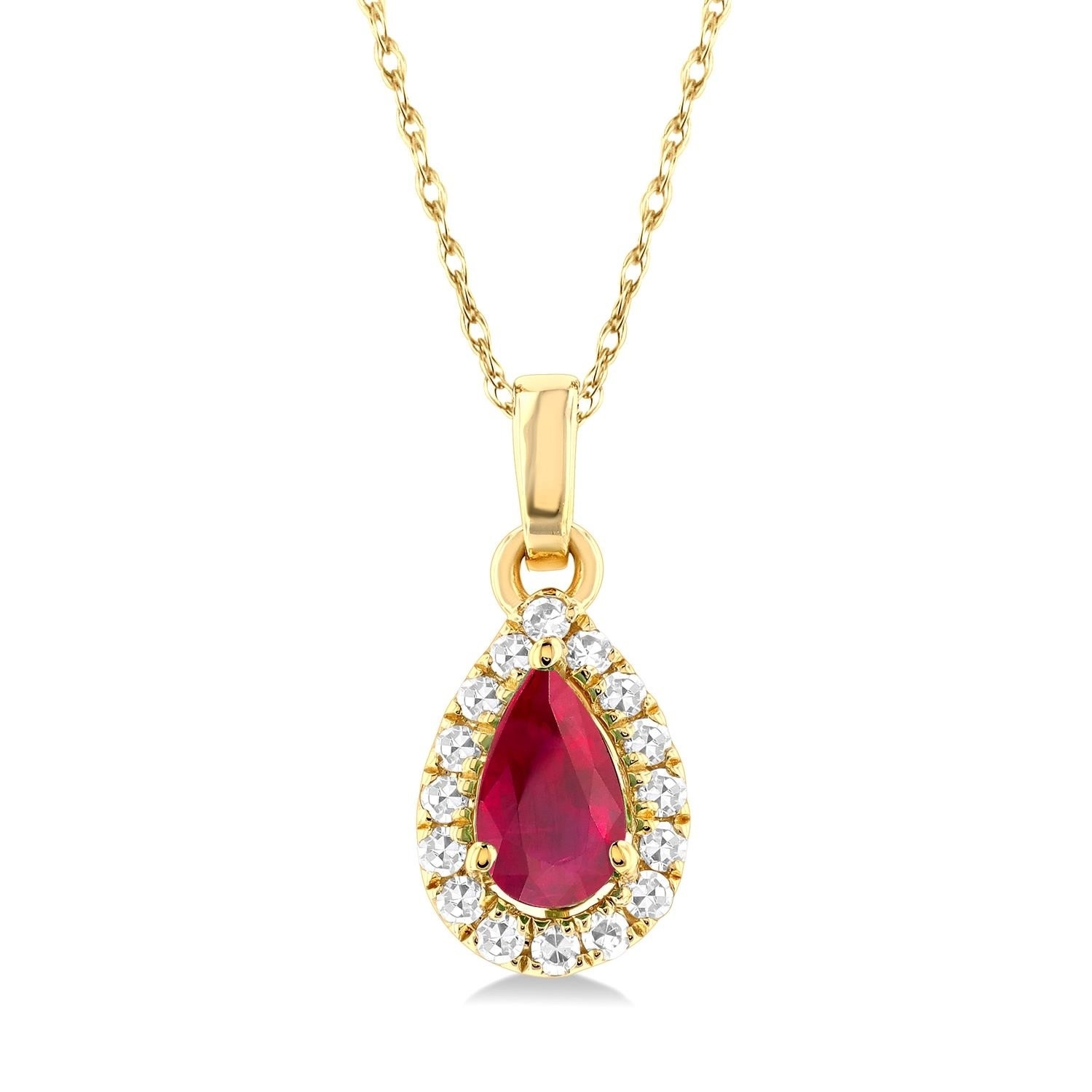 10k Yellow Gold 5x3mm Pear Cut Ruby & 0.07ctw Diamond Halo Pendant