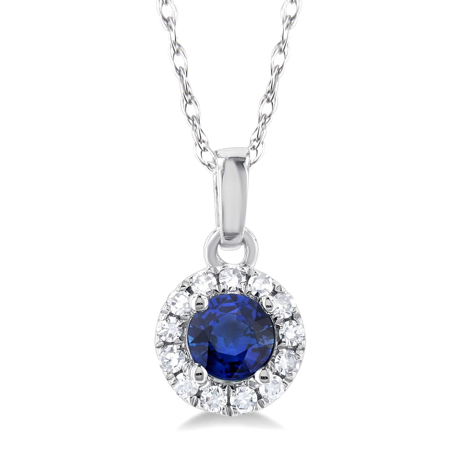 3.25mm Sapphire & 0.05ctw Diamond Halo 10k White Gold Pendant