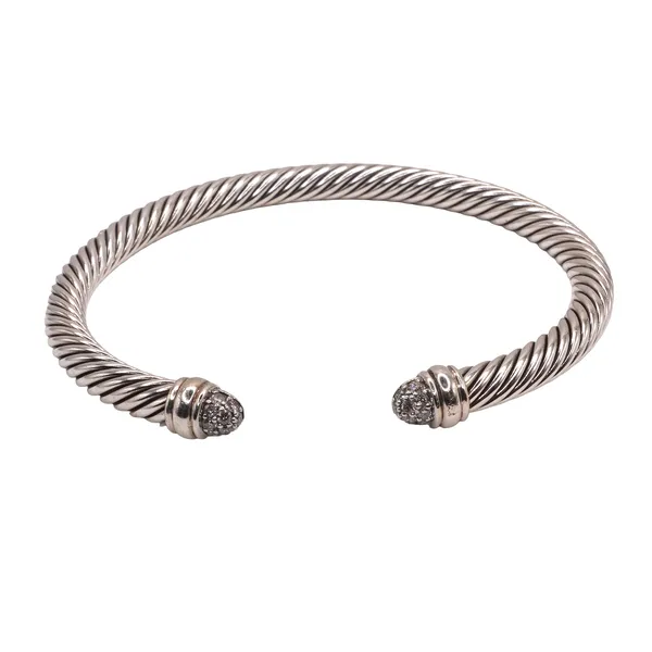 David Yurman Sterling Silver Cable Cuff with Pave Diamond End Caps