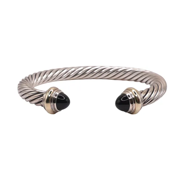 David Yurman Sterling Silver Cable Cuff with Onyx and 14k Yellow Gold End Caps