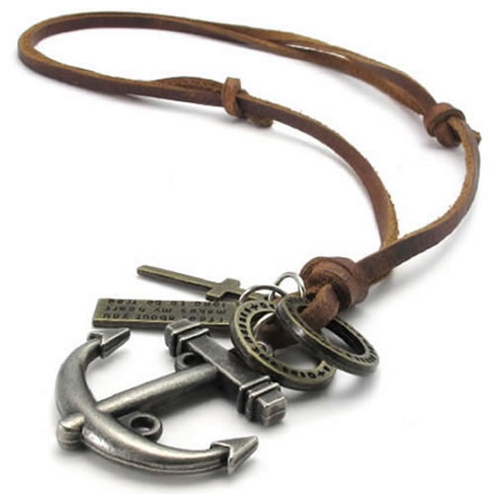 Vintage Style Anchor Cross Pendant Adjustable Brown Leather Cord Men Necklace Chain