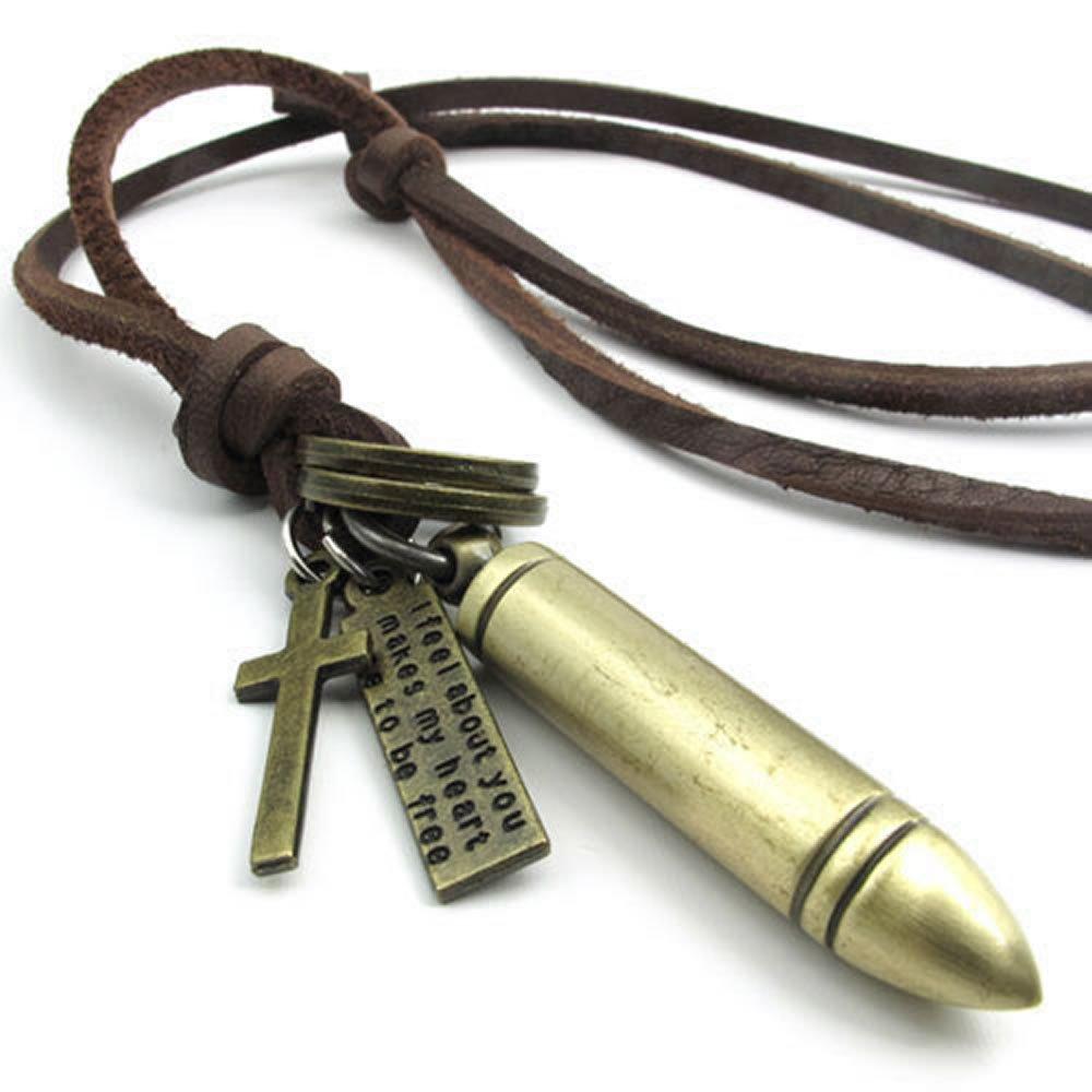 Vintage Bullet Cross Pendant Adjustable Brown Leather Cord Necklace Chain