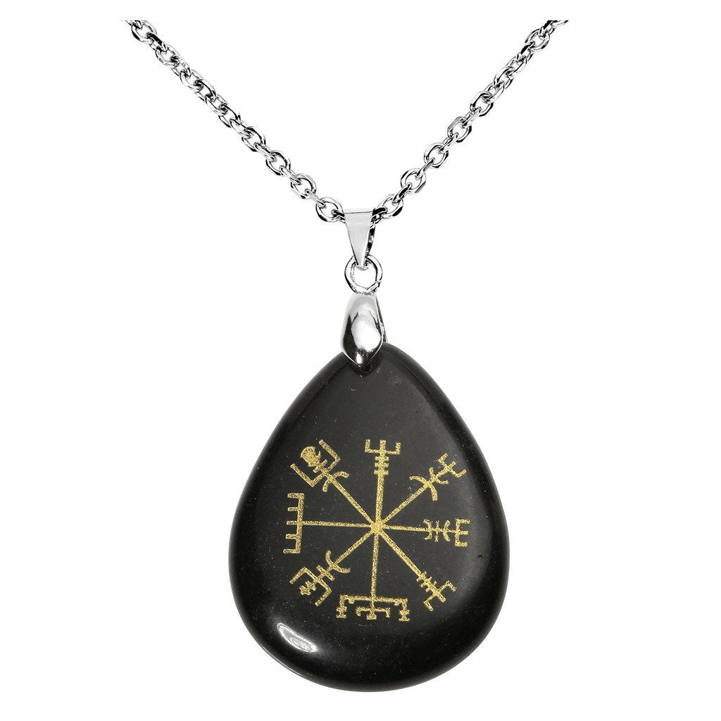 Viking Rune Vegvisir Compass Talisman Chakra Healing Crystal Teardrop Tumbled Stone Pendant Necklace 24"L