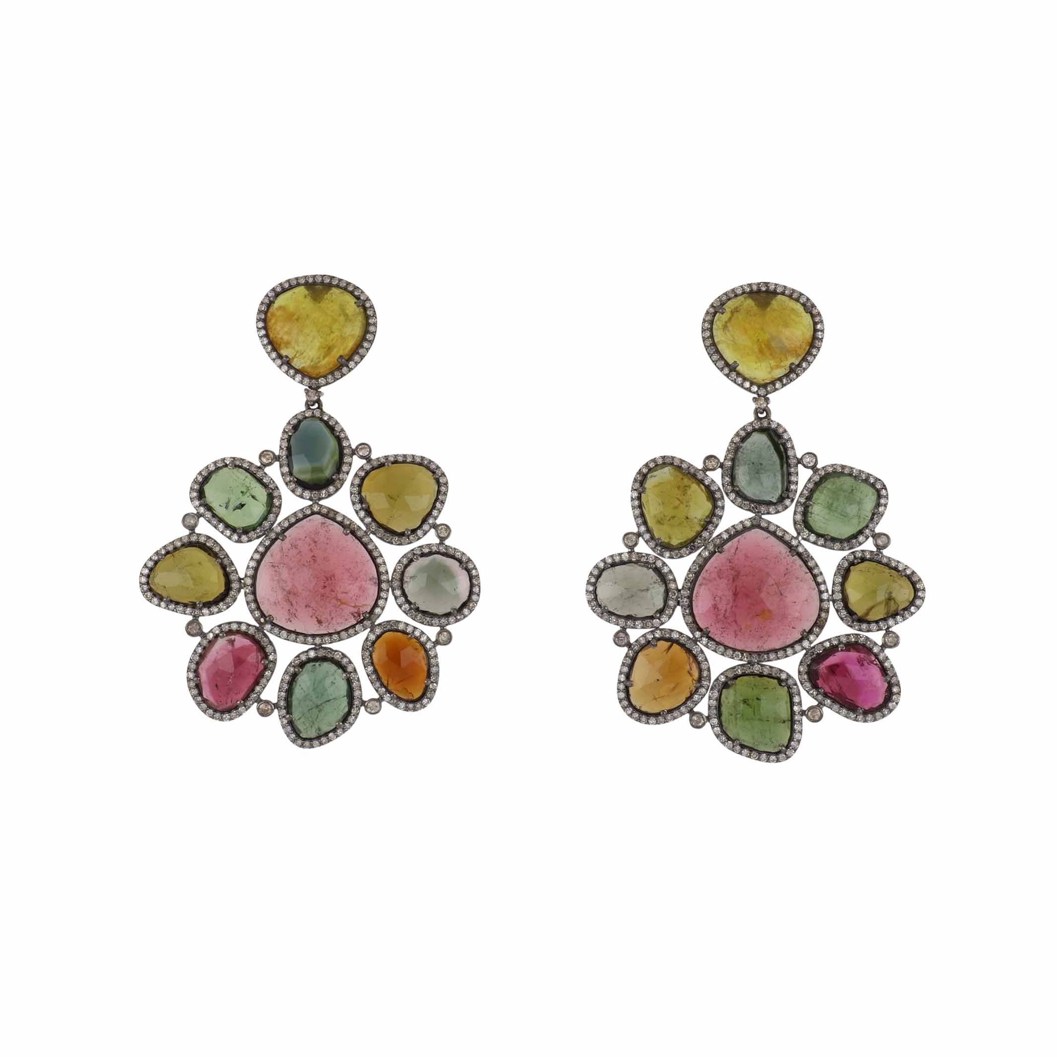 14K Gold and Sterling Silver Tourmaline Cluster Drop Earrings