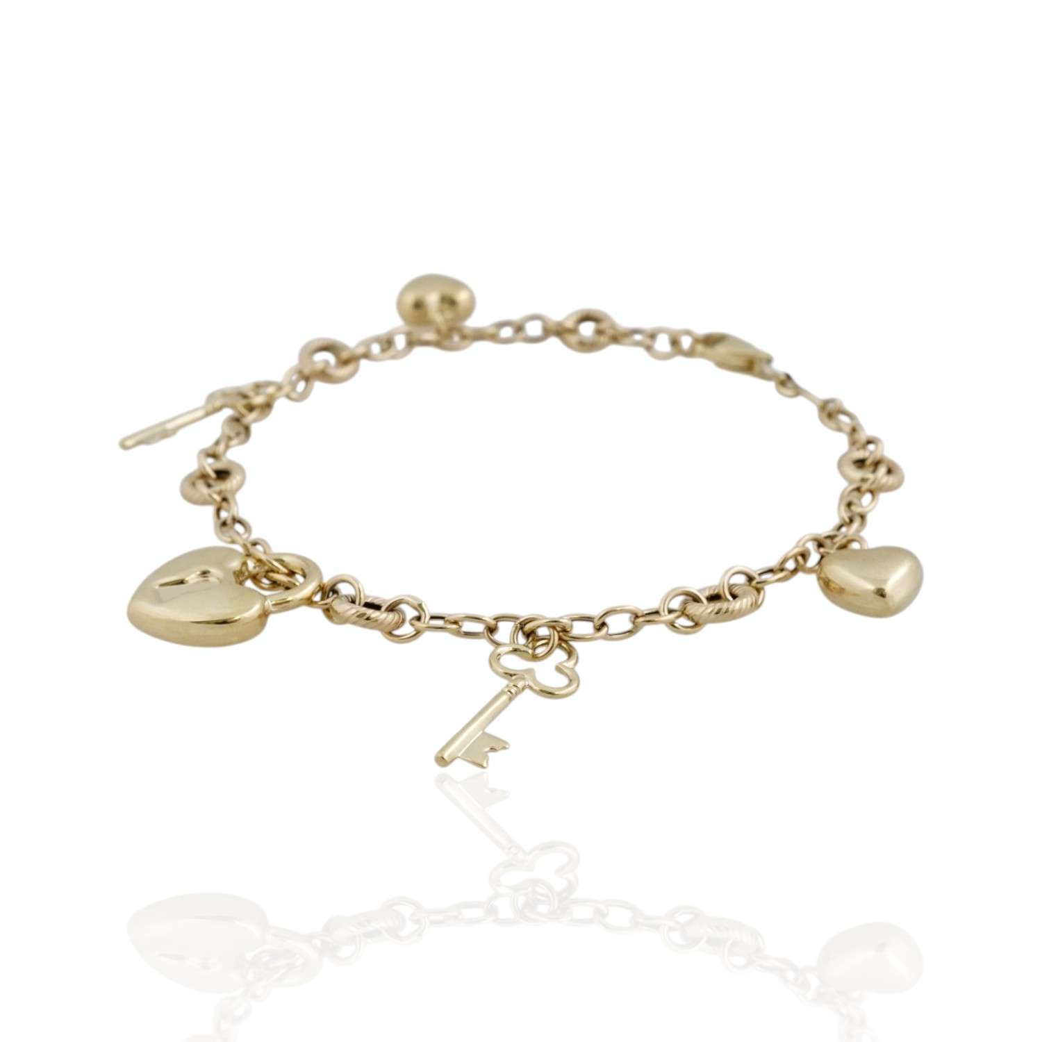 10k Yellow Gold Dangling Heart and Key Charm Bracelet