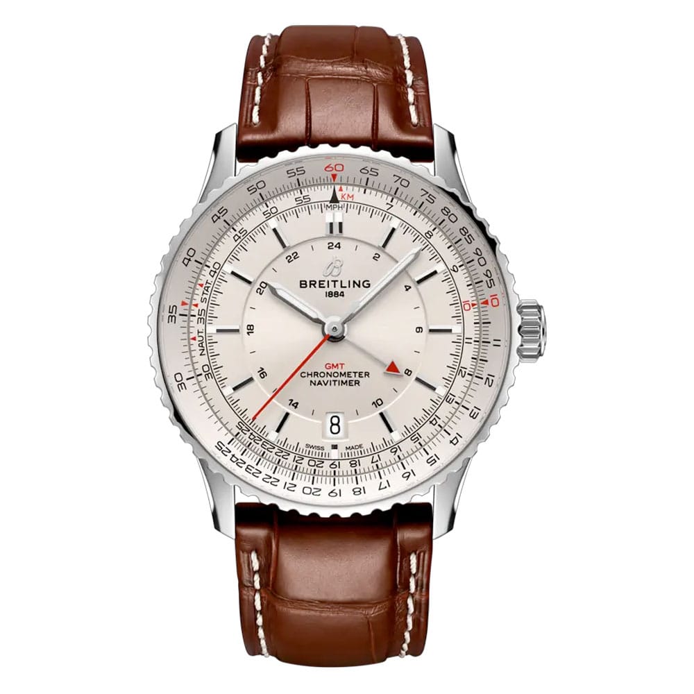 Breitling A32310211G1P1 Navitimer GMT 41 Automatic Stainless Steel Alligator Silver Dial Watch