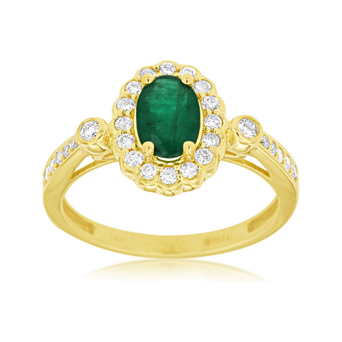 14k Yellow Gold Oaal Emerald and Diamond Halo Ring