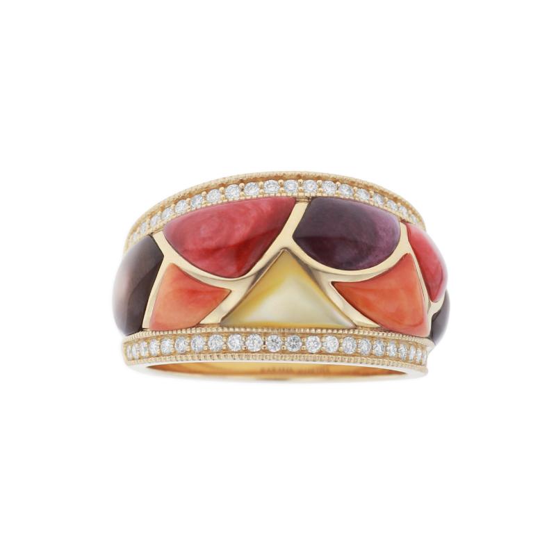 GRIF410MMS Yellow Gold Diamond, Multi Colored Mother of Pearl, and Spiny Oyster Ring
