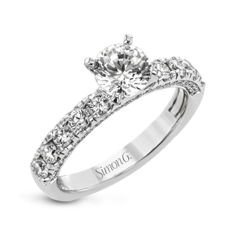 LR2596 18 Karat White Gold Diamond Semi Mount Engagement Ring With 50 Round Brilliant Cut Diamonds 0.71 Carat Total Weight Vs2 Clarity G Color. Shown With A 0.84ct Round Cz