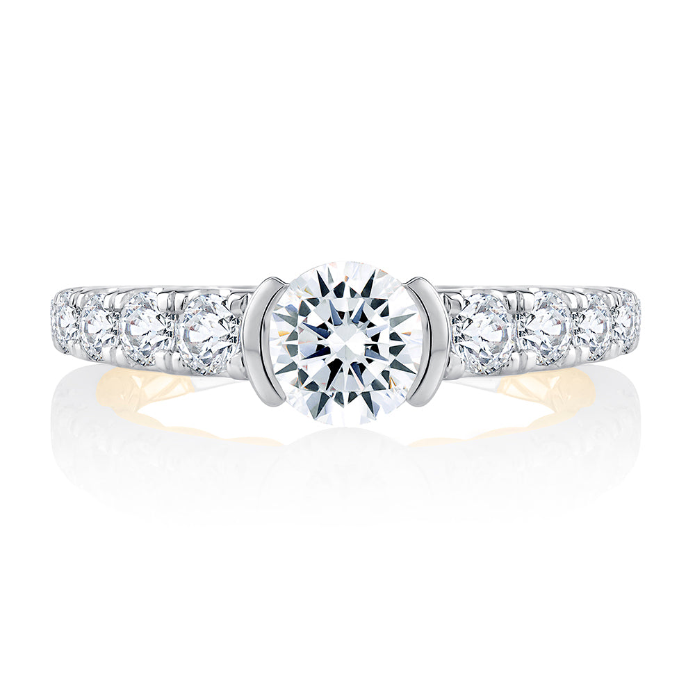 Half Bezel Two Tone Round Cut Diamond Engagement Ring