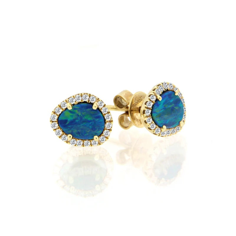 14K GOLD BLACK OPAL AND DIAMOND STUDS