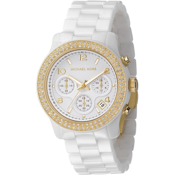 Michael Kors Women's MK5237 Glitz Chronograph Crystal White Ceramic Watch